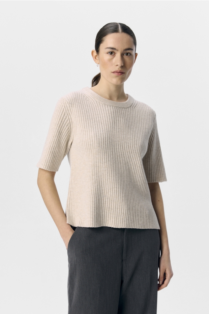 OBJELVA 2/4 RE O-NECK KNIT NOOS 23046911 HUMUS/WHITE SAND